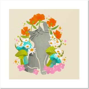 Gray Cat Mushroom and Flower Design: Enchanting Feline Flora Posters and Art